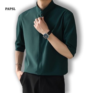 Papsl เสื้อเชิ้ตแขนสั้น ผ้าเรยอน คอปกตั้ง เข้ารูป สไตล์จีน สําหรับผู้ชาย