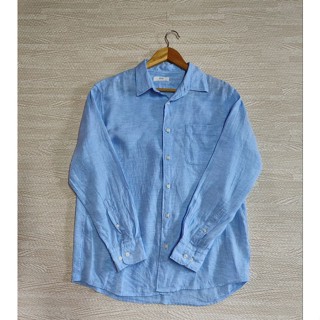 Uniqlo/ยูนิโคล่ เสื้อเชิ้ต ลินิน 100%  (Premium Linen) สีฟ้า Size L ชาย มือ 2