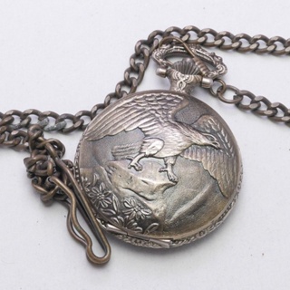 นาฬิกา Vintage มือสองญี่ปุ่น Pocket Watch นาฬิกาพกระบบQUARTZ พร้อมโซ่ ทรงกลม กรอบเงิน หน้าขาว หน้าปัด 46มม