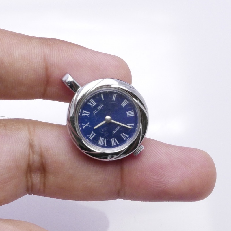 นาฬิกา Vintage มือสองญี่ปุ่น Pocket Watch นาฬิกาพก ALBA Y480 0260  จี้ล็อกเก็ต ทรงกลม กรอบเงิน หน้าสีน้ำเงิน 22มม