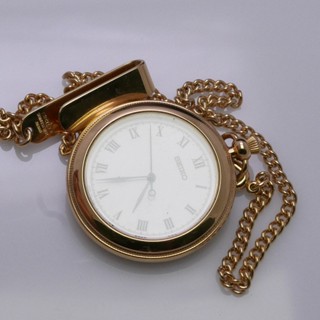 นาฬิกา Vintage มือสองญี่ปุ่น Pocket Watch นาฬิกาพก SEIKO 7N01-9A20  พร้อมโซ่ ทรงกลม กรอบทอง หน้าปัดตัวเลขโรมัน 39มม