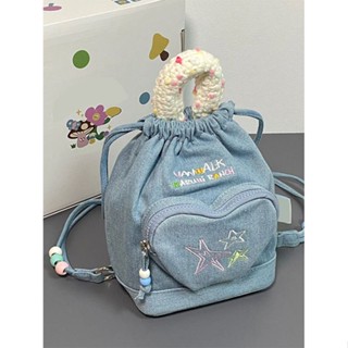 ﹍۩VANWALK Spring Ranch กระเป๋าเป้จิตรกรเดนิมย้อนยุคโฮมเมด Candy Girl Mini Niche Backpack Sweet