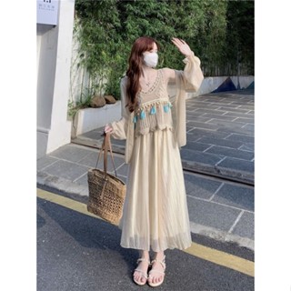 ◐Plus Size Women s Fashion Set Women s Thin Sunscreen Cardigan + Hollow Fringe Camisole + Skirt Three-piece Set