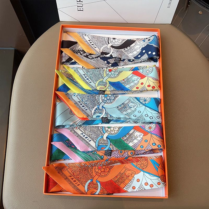 Hermes ผ้าพันคอ ผ้าไหม แบบยาว ขนาดเล็ก พร้อมเสื้อผูกกระเป๋า ริบบิ้นสี่ฤดู