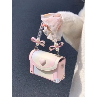 ☄๑2023 Design Peach Heart Crystal Box Bag Pearl One Shoulder Messenger Handle Chain Bag Spring Simple Small Square Bag