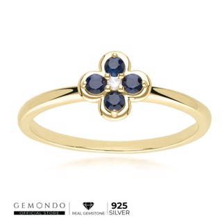 Gemondo แหวนทองคำ 9K ประดับไพลิน (Blue Sapphire) และเพชร (Diamond) ทรงดอกไม้ล้อมสไตล์คลาสสิก