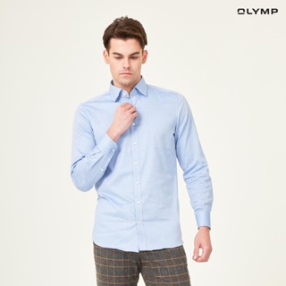 OLYMP Level Five Shirt เสื้อเชิ้ตชาย สีฟ้าเข้ม ผ้าเท็กเจอร์ ทรงพอดีตัว ยืดหยุ่นได้ดี รีดง่าย