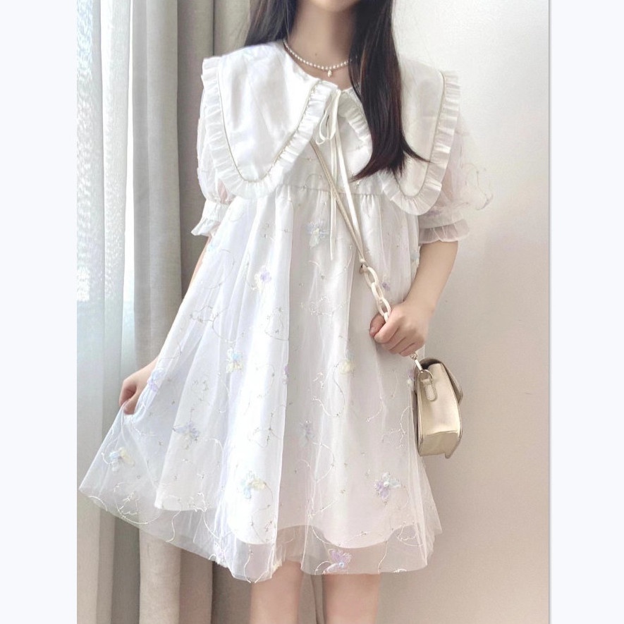พร้อมส่งเวอร์ชั่นเกาหลีสีขาวเย็บตาข่ายคอตุ๊กตาแขนสั้นชุดนั รูปที่ 6
