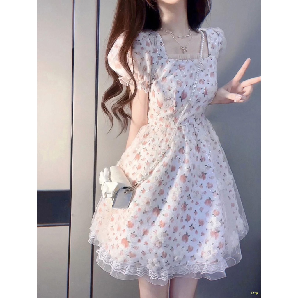 พร้อมส่ง # French Milky Sweet Floral Princess Dress เดรสแขนพองพองสวยเก๋