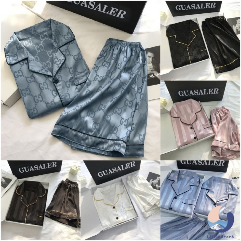 ชุดนอนซาตินแขนสั้นขาสั้น  ชุดนอนสีพื้นพรีเมี่ยม ชุดนอนแฟชั่นสไตล์เกาหลี ชุดนอนน่ารัก Korean fashion pajamas【LittleStar6】