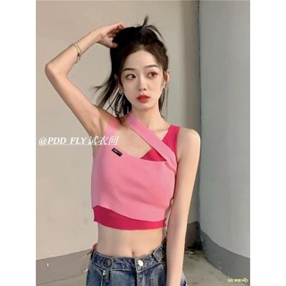 ♦Stop#🎀Sweet Spice Girl Pink Fake Two-piece Camisole Women s Short Irregular Halter Neck Top