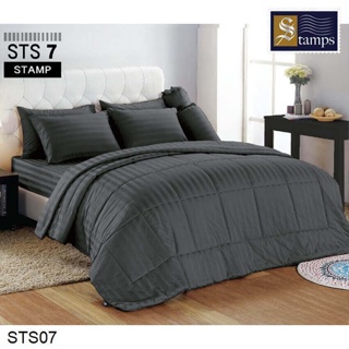 Stamps (ครบเซ็ต) ผ้าปูที่นอน+ผ้านวม 5ฟุต 6ฟุต ลายริ้วสีเทาเข้ม Dark Gray Stripe STS07 #แสตมป์ส เครื่องนอน ชุดผ้าปู