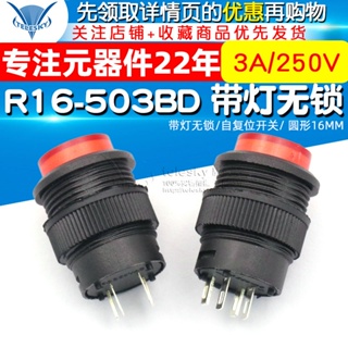 R16-503bd สวิตช์รีเซ็ตเอง ทรงกลม 16 มม. 3A 250V พร้อมไฟ ไม่มีตัวล็อค สีแดง