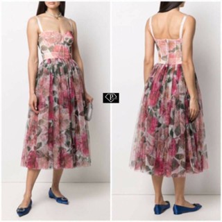 🌺3color🍃Hi-End  Camellia-print Tulle Bustier Midi Dress 🌺☘️p