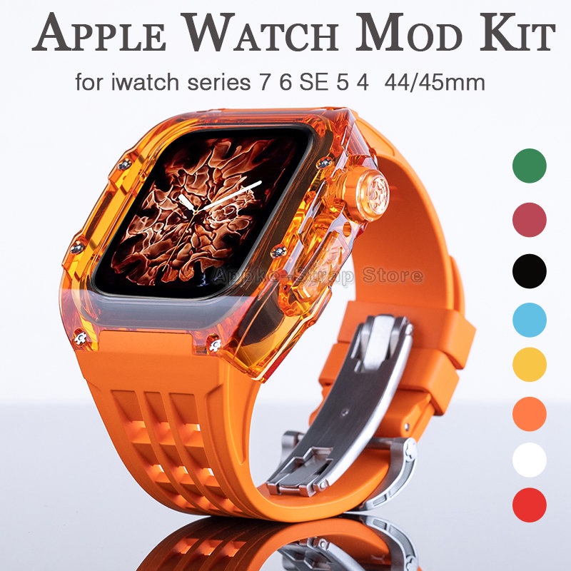 สายนาฬิกา applewatch เคสใส + สายซิลิโคนสำหรับ Apple Watch Mod Kit 44mm 45mm Sport Band cover Bezel สำหรับ iwatch series
