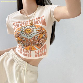 🌴จัดส่งทันที🌴เสื้อยืดแขนสั้นพิมพ์ลายผีเสื้อ Sun Women s New Short Cropped Top