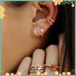 แหวน Rhinestone ตั้ง 5Pcs + 3Pcs ดวงจันทร์สตาร์สตั๊ด Earrings เปิด