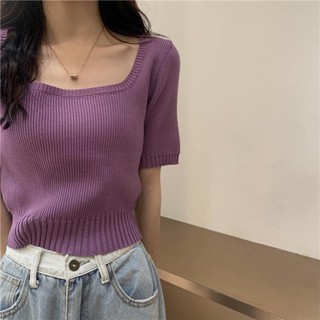 Womens frosted knit blouse with short sleeves and square collar