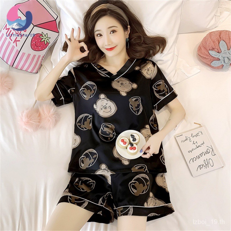 COD/M-2XL(ราคาต่ำสุด)ชุดนอนคอวีสตรีฤดูร้อน，มีลายการ์ตูนให้เลือกมากมาย，ชุดนอนผ้าซาติน，กางเกง+เสื้อ Women's pajamas - รูปที่ 2