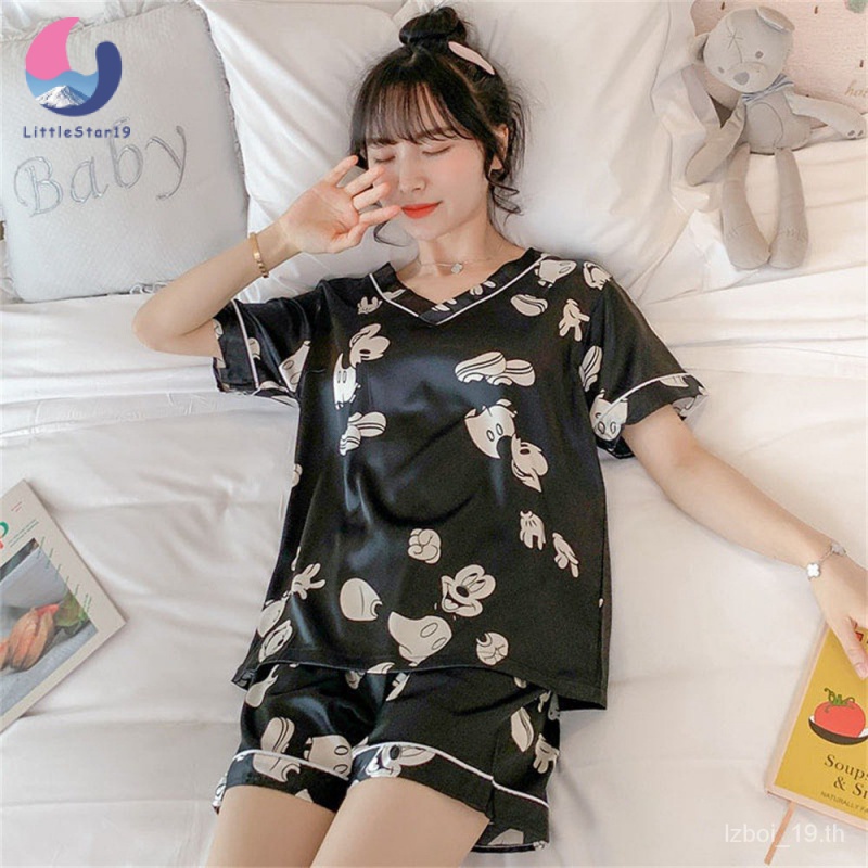 COD/M-2XL(ราคาต่ำสุด)ชุดนอนคอวีสตรีฤดูร้อน，มีลายการ์ตูนให้เลือกมากมาย，ชุดนอนผ้าซาติน，กางเกง+เสื้อ Women's pajamas - รูปที่ 3