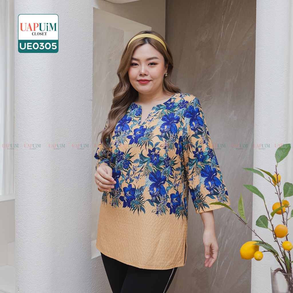 (UE0305) เสื้อแขนสั้น สาวอวบ เสื้อเบลาส์ คอวี แขน 3 ส่วน เนื้อผ้าใส่สบายพิมพ์ลายดอกไม้ _x000D_ สีสันสดใส