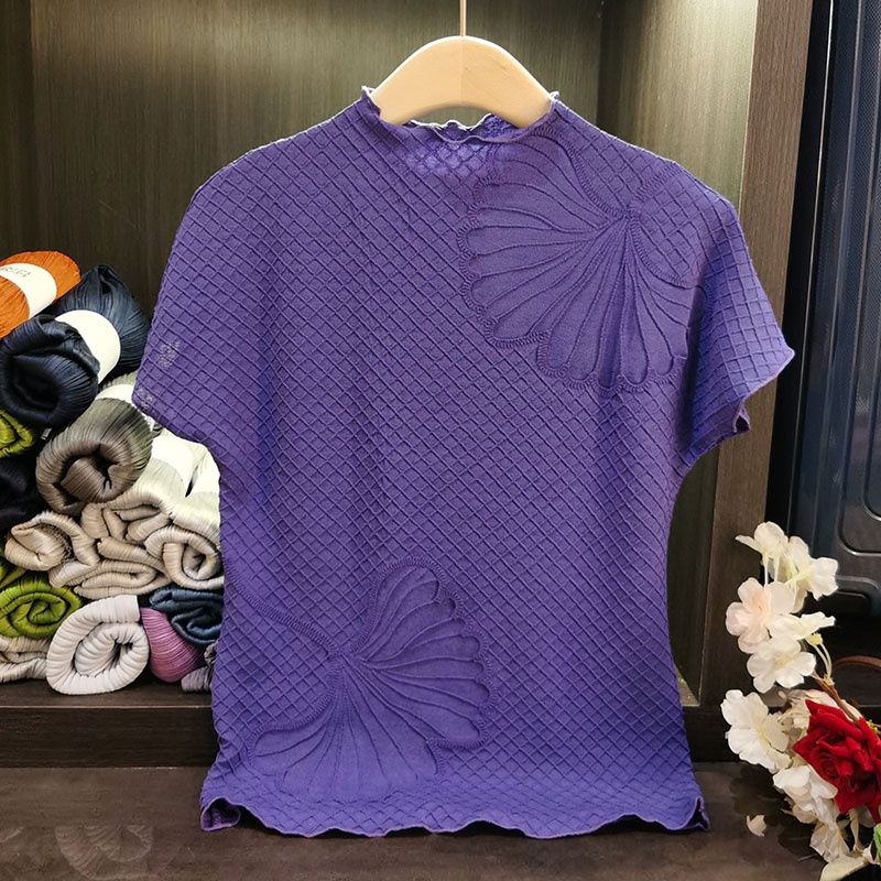 เสื้อยืด คอปกตั้ง แต่งจับจีบ ลายนูน แฟชั่นฤดูร้อน สําหรับผู้หญิง
