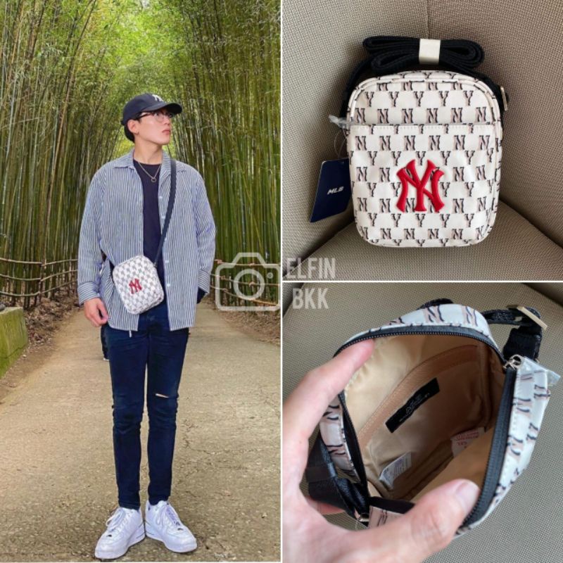 ◕แท้  MLB monogram/ Wool fleece mini cross bag NY กระเป๋าสะพายข้าง สีขาว/สีชมพู
