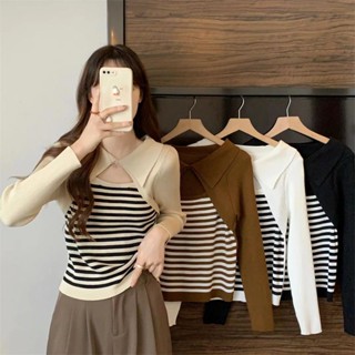 พร้อมส่ง💗เสื้อเชิ้ตแขนยาวลายทางสีครีม แบบใหม่ คอปก POLO แขนยาว เอวบาง เสื้อเชิ้ตผ้านิตติ้งยางยืด มี 4 สี