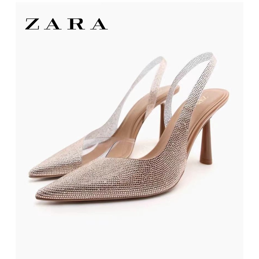 Zara รองเท้าส้นสูง PVC หัวแหลม ประดับพลอยเทียม สําหรับผู้หญิง