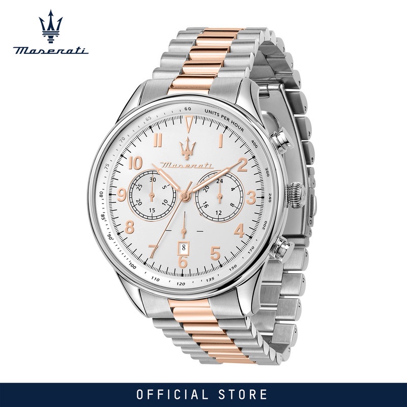 【2 Years Warranty】 Maserati Tradizione 45mm White Silver Dial Men's Chronograph Quartz นาฬิกาข้อมือ R8873646002