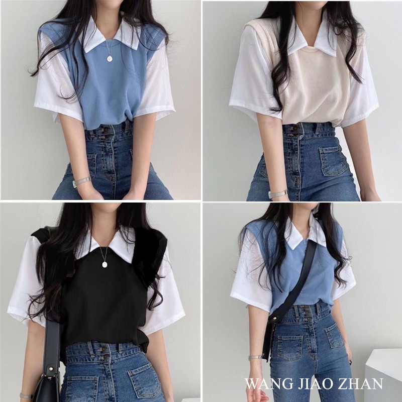 【WJZ】เสื้อเชิ้ตแขนสั้นแฟชั่นสตรีสไตล์เกาหลีสีตัดกันปกโปโลหลวม【46】