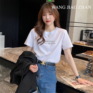 WANG JIAO ZHAN ใหม่ เสื้อยืด คอกลม แขนสั้น พิมพ์ลายตัวอักษร ทรงหลวม