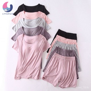 ชุดนอนเสื้อเสริมฟองน้ำ เสื้อคู่กางเกง Womens pajamas 【LittleStar19】