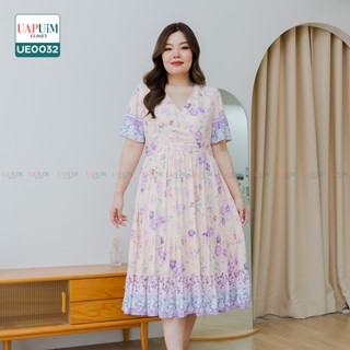 (UE0032)ชุดเดรสสาวอวบMaxi Dress สาวอวบ สไตส์โบฮีเมียน คอวี มีซิปด้านหลัง เนื้อผ้าพิมพ์ลายดอกไม้สวยงาม