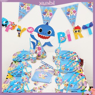 (xavexbxl) Cartoon Baby Shark Paper Banner Hat Tableware Kids Birthday Party Decorating Set