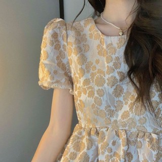 พร้อมส่ง👗สไตล์สาวหวานสไตล์ฝรั่งเศส เดรสเหลือง ลายดอกไม้ สายคาดเอว แขนพอง แขนสั้น เดรสทรงเอ นักเรียน