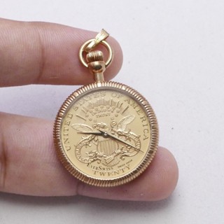 นาฬิกา Vintage มือสองญี่ปุ่น Pocket Watch นาฬิกาพกTwenty Dollar USA Ever SWISS MADE ทรงกลม กรอบทอง หน้าทอง หน้าปัด 27มม