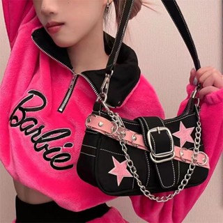 ◈❀♙2022 ใหม่ออกแบบเฉพาะสีชมพูเข็มขัดStarกระเป๋าสะพายBaguette Y2K Hot Girl CHAINรักแร้กระเป๋าหญิง