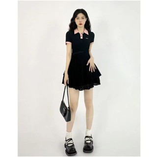 ✎✳Spice Girl Contrast Color Polo Dress Female Summer Niche Design Sense Waist Slim Dress Dress Bow Knot Short Skirt. ชุด