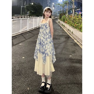 ▤◙☊ปลา MM Daisy Suspender Dress New Holiday Oil Painting Style Sweet Floral Suspender Dress Set