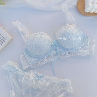 ☫Fairy Lace ชุดชั้นในสาวหน้าอกเล็ก Push Up Bra บาง Tie-up Court สไตล์ญี่ปุ่นปรับ Bra Set