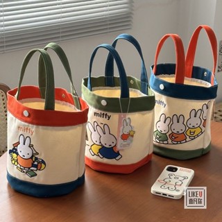 ✁Miffy ของแท้ Miffy กระต่ายปักถังกล่องอาหารกลางวันการ์ตูนกระเป๋าผ้าแคนวาสหนาแบบพกพากระเป๋าแม่