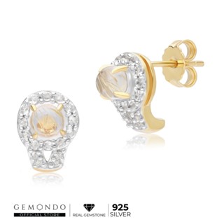 Gemondo : ต่างหูเงินแท้ 925 Sterling Silver ประดับไหมทอง (Golden Rutile) ทรงเพชรล้อม ดีไซน์ต่างหูสตัดทรงโค้ง