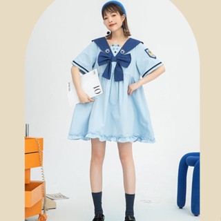 ชุดฤดูร้อนผู้หญิง เสื้อผ้าผู้หญิงน่ารักสุดๆ ชุดน่ารักภาพการ์ตูน เดรสสาวอวบ ผ้า ชุดเซ็ตสาวอวบ สไตล์กะลาสี