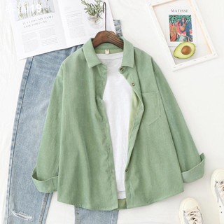 Corduroy Casual Shirt Green Korean Round Neck Womens Kemeja Blouse Long Sleeve Tops Loose Boyfriend Style