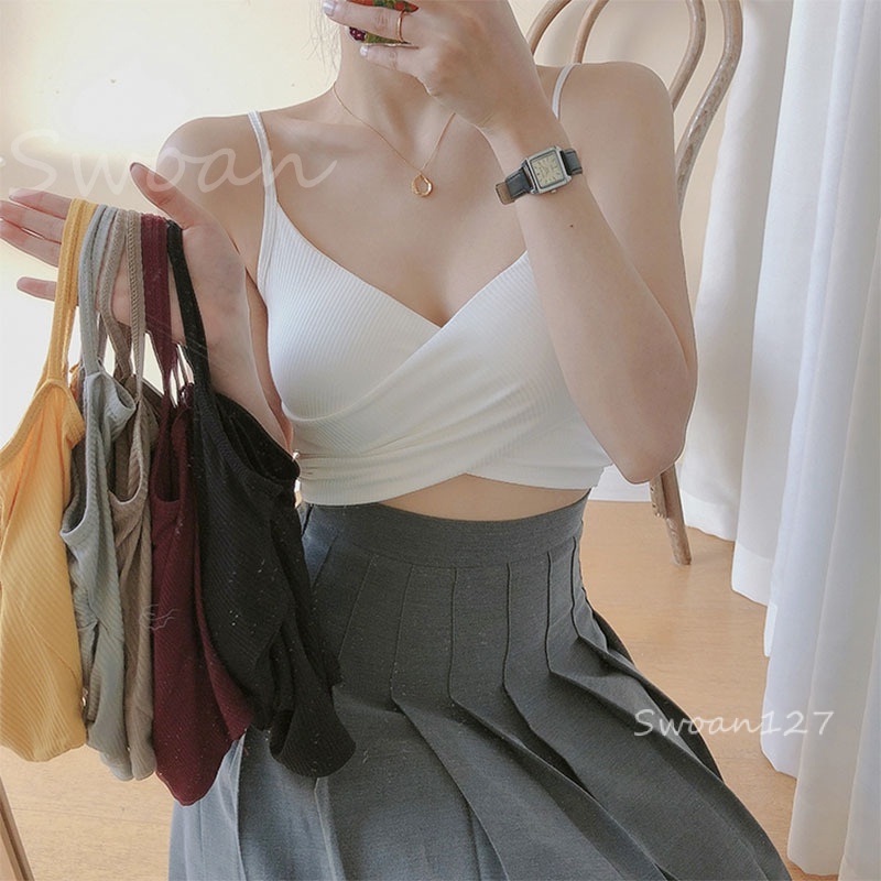 เสื้อครอปสายเดี่ยว สายเดี่ยวไขว้หน้า เสื้อสายเดี่ยว แฟชั่น ทรงสวย มีฟองน้ำในตัว เซ็กซี่มาก เสื้อกล้ามคอวีด้ายเดี่ยวผ้านิ่ม Swoan
