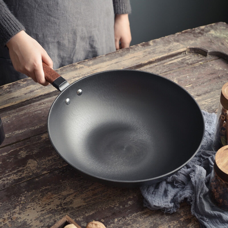 Wok Pan with Lid, 32cm/34cm Carbon Steel Wok, Nonstick Woks and Stir-fry Pans, No Chemical Coated Flat Bottom Chinese Wo