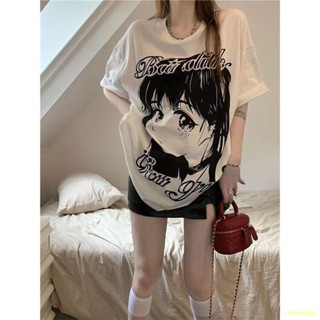 💤พร้อมส่ง # 💝เสื้อยืดแขนสั้นสาวการ์ตูนหญิงสวมเสื้อแขนสั้นครึ่งตัวหลวมขนาดใหญ่