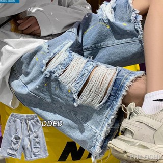 Raw edge ripped denim shorts men s summer ins high street large size loose street trousers