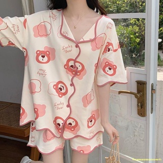 พร้อมส่ง # 🌈Pajamas women s short-sleeved new women s strawberry bear home clothes set